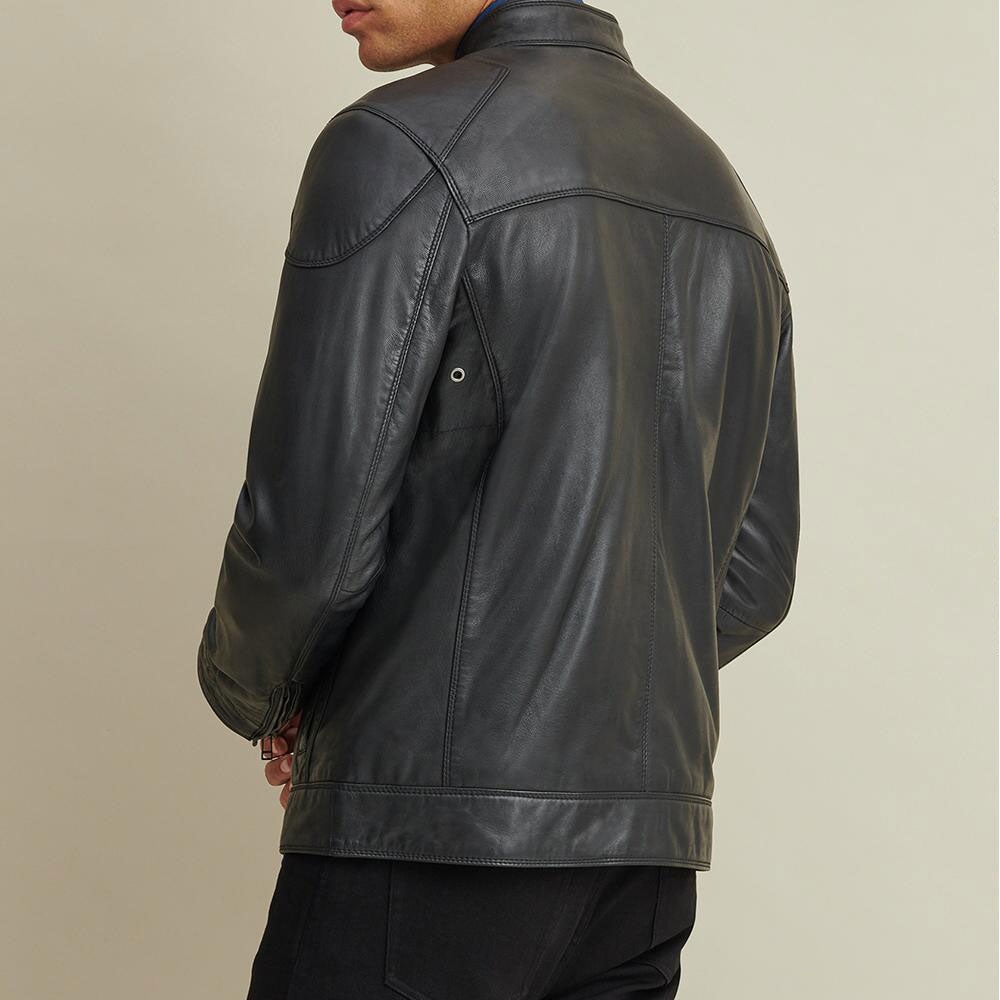 Men's Leather Biker Jacket with Shoulder Patches - Theleathercomfort