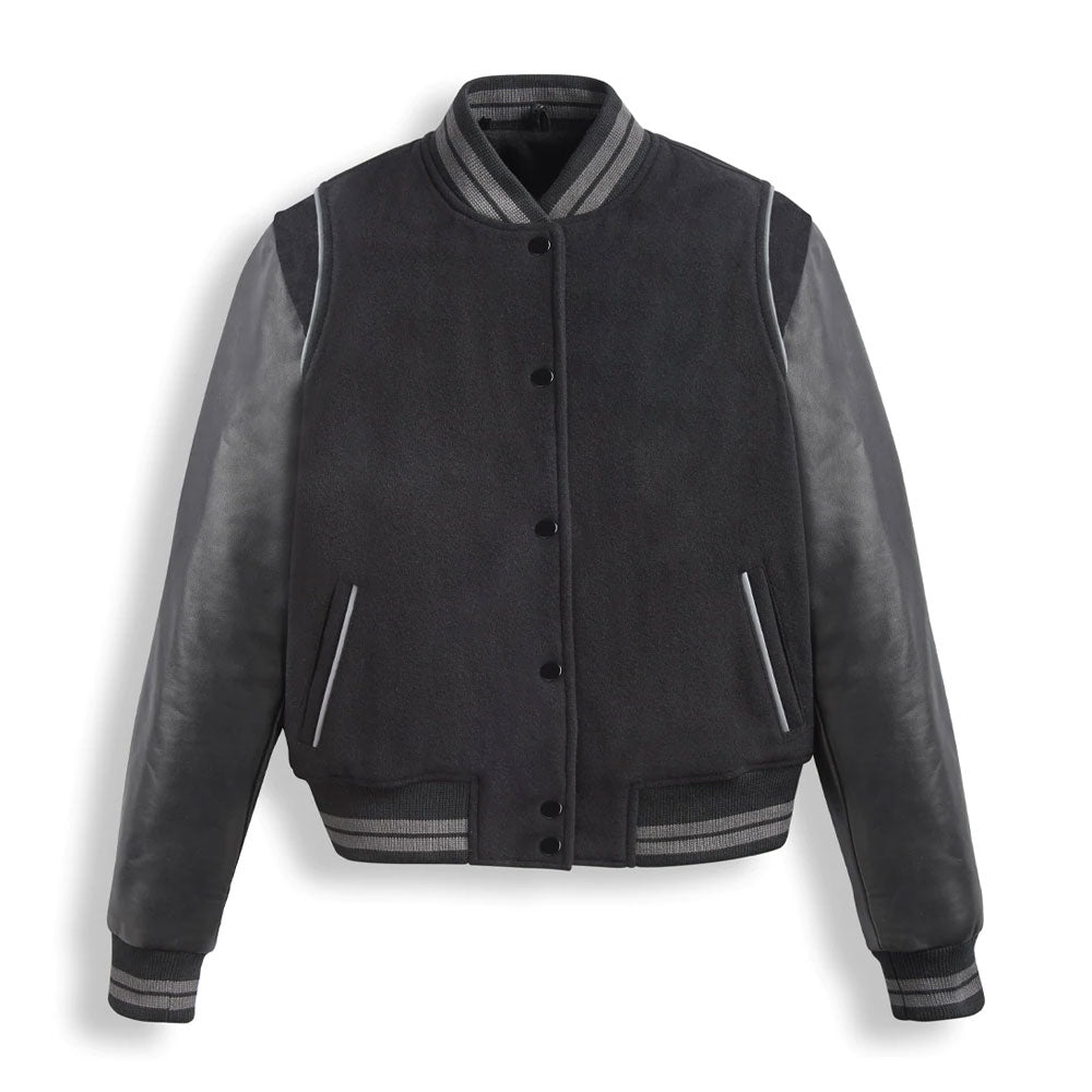 Varsity Black Leather Bomber Jacket