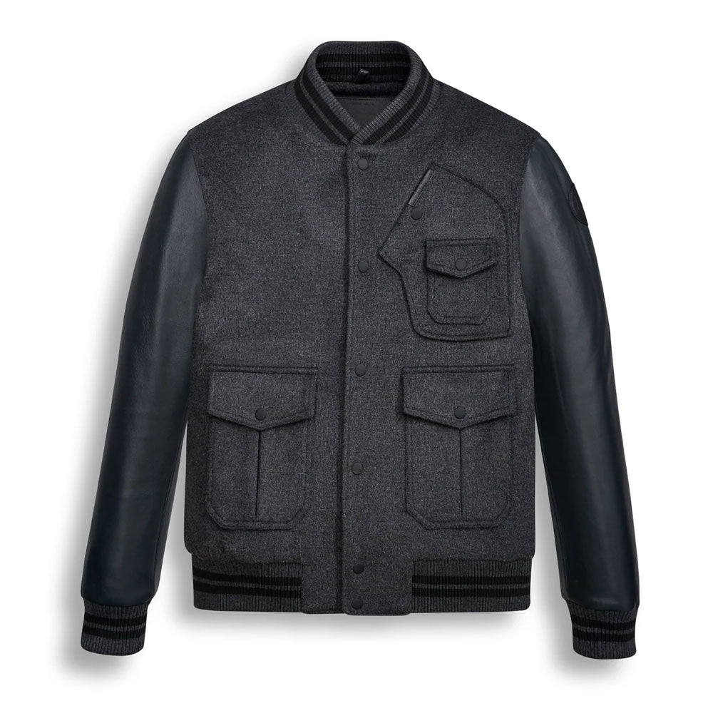 Men Black Wool Varsity Bomber Leather Jacket