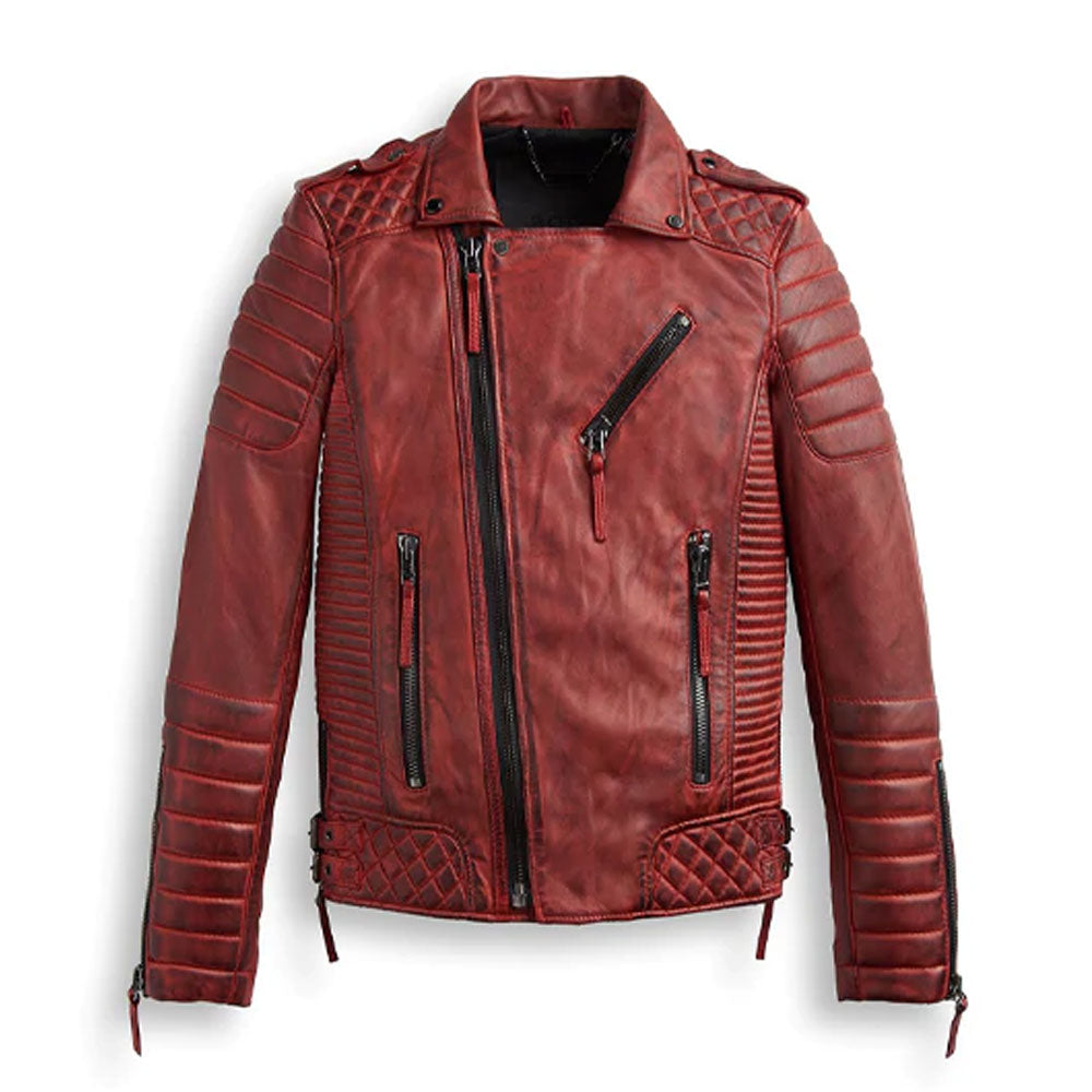 Men Red Biker Leather Motorbike Jacket