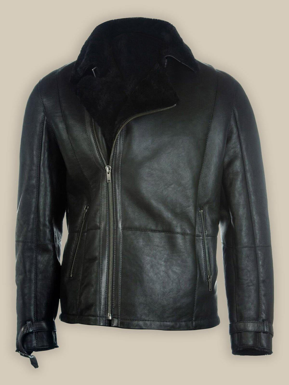 Men Pure Black B3 Shearling Bomber Leather Jacket - Theleathercomfort