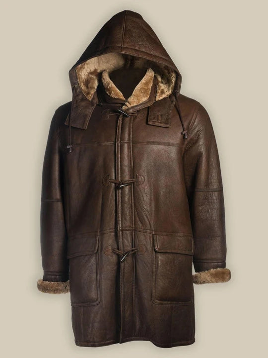 Men Brown Shearling Bomber Hoodie Coat