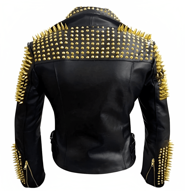 Men's Gold Studded Leather Biker Jacket In Black