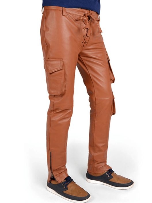 Men's Leather Pant In Tan Brown