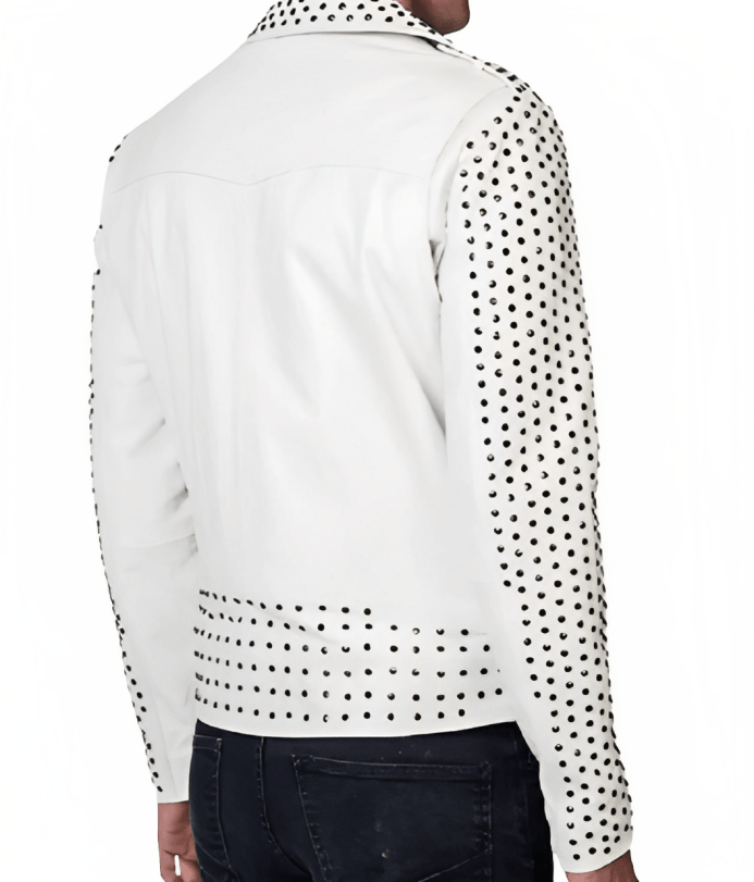 Men's Studded Biker Leather Jacket In White