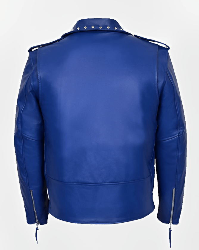 Men's Studded Leather Biker Jacket In Blue