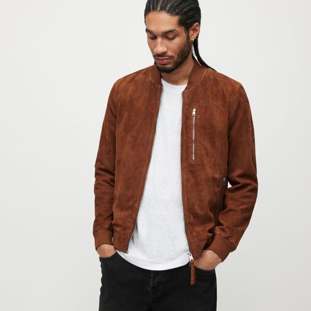 Men Classic Brown Suede Leather Bomber Jacket