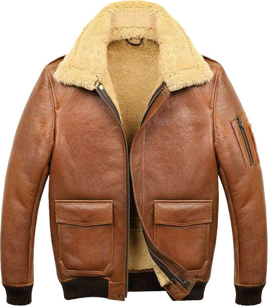 Men’s Aviator Camel Brown A2 Fur Shearling Leather Bomber Jacket - Theleathercomfort