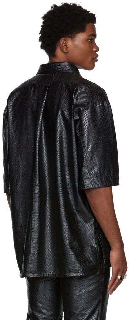 Men's Snake Print Leather Shirt In Black