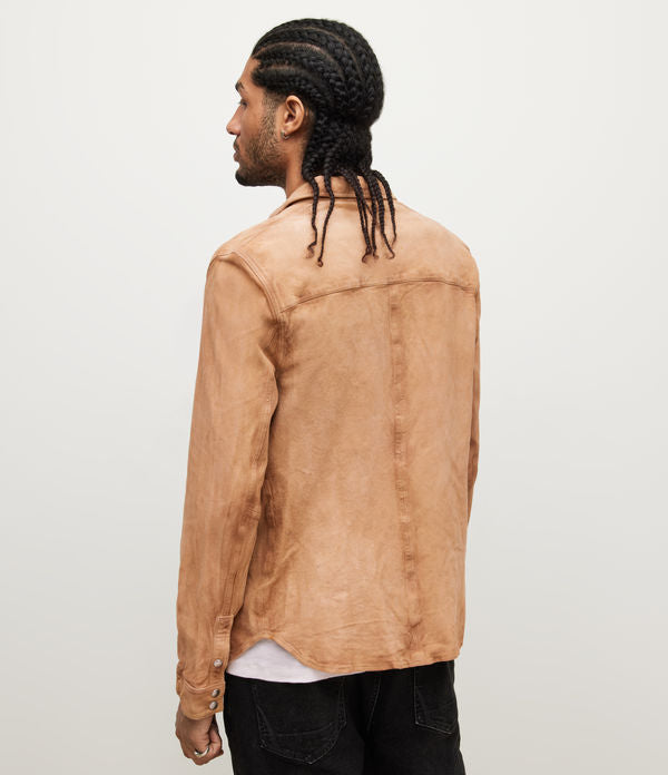 Men's Suede Leather Shirt In Beige Brown