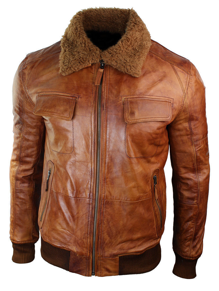 Mens B3 Bomber Rust Tan Brown Fur Collar Aviator Pilot Leather Jacket