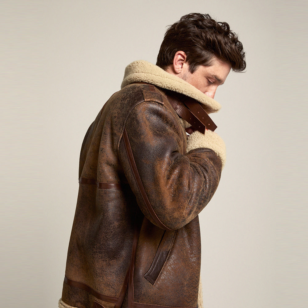 Mens Brown Distressed Leather Shearling Jacket