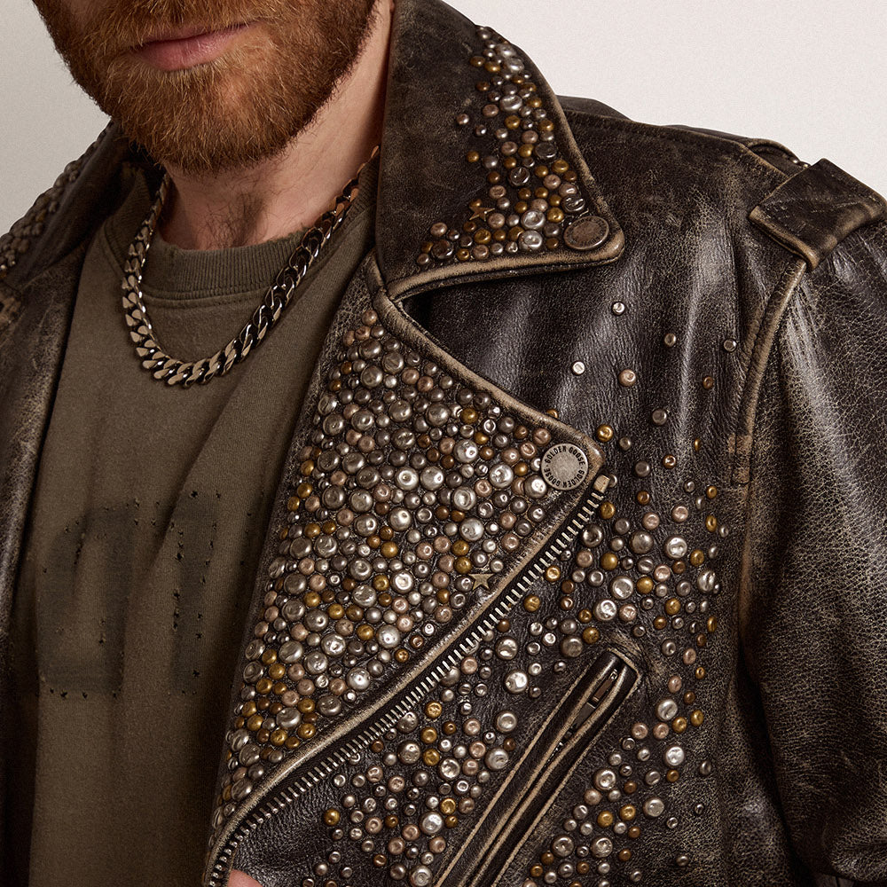 Mens Brown Studded Distressed Leather Jacket