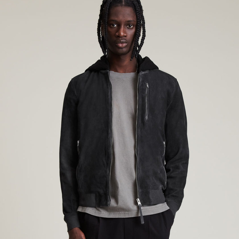 Mens Suede Leather Hooded Bomber Jacket - Theleathercomfort