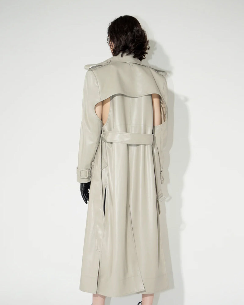 Off White Double Breasted Duster Leather Trench Coat