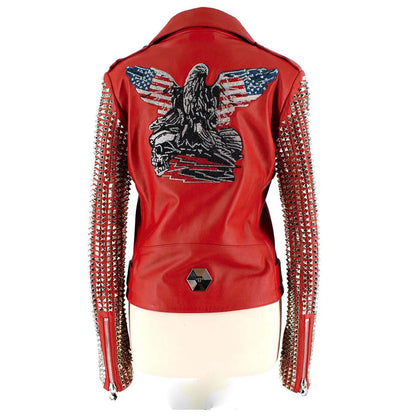 New Women's Red studded Fashion Motorcycle  Leather Biker Jacket