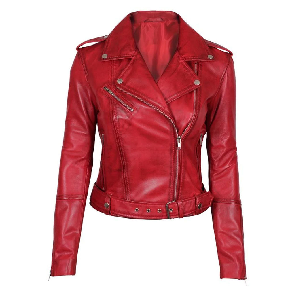 Stylish Women Red Leather Biker Jacket