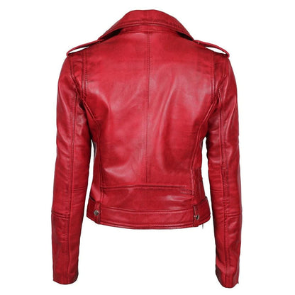 Stylish Women Red Leather Biker Jacket