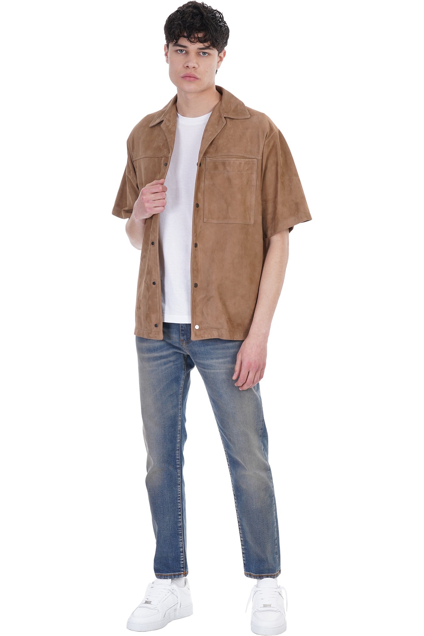 Men's Half Sleeve Suede Leather Shirt In Tan Brown