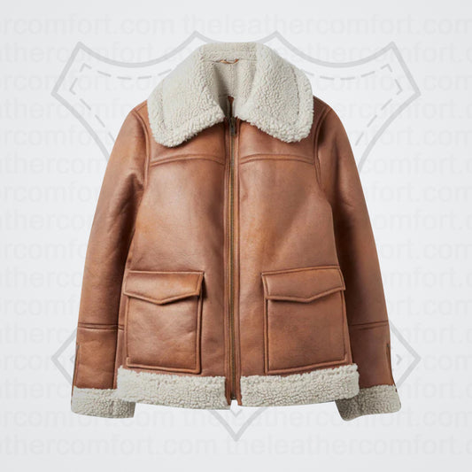 Women Brown Sheepskin Shearling Leather Aviator Jacket