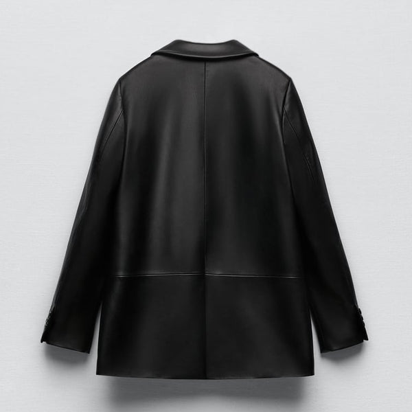 Women Black Oversized Leather Coat Blazer