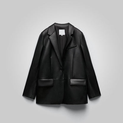 Women Black Oversized Leather Coat Blazer