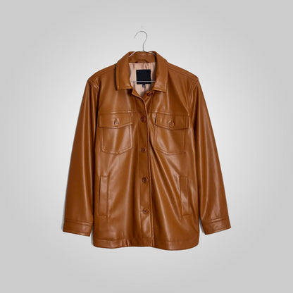 Women Brown Leather Shirt Jacket