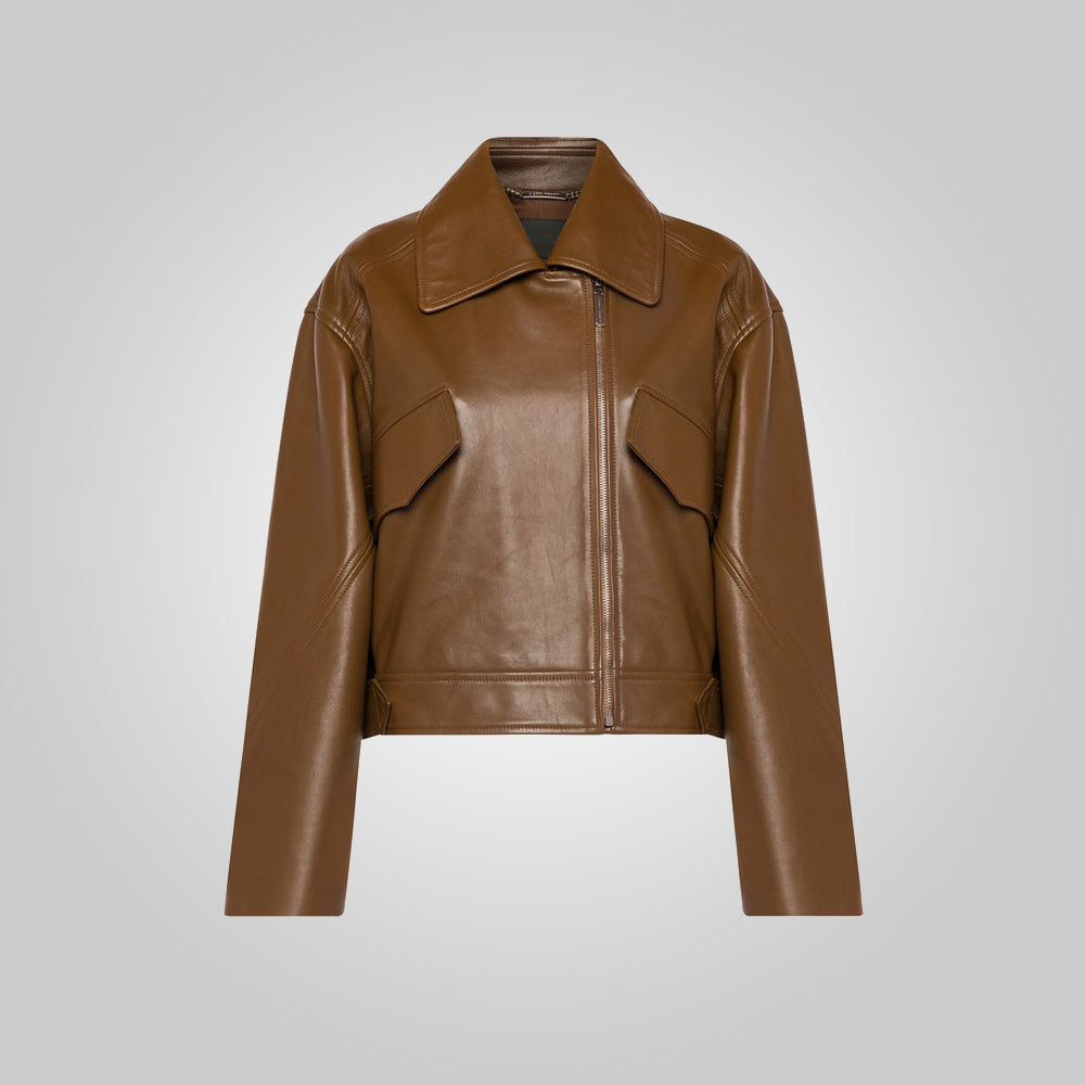 Women Brown Pointed Collar Plain Leather Jacket