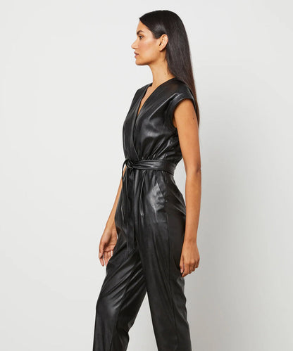 Women's Black Belted Utility Down Leather Jumpsuit
