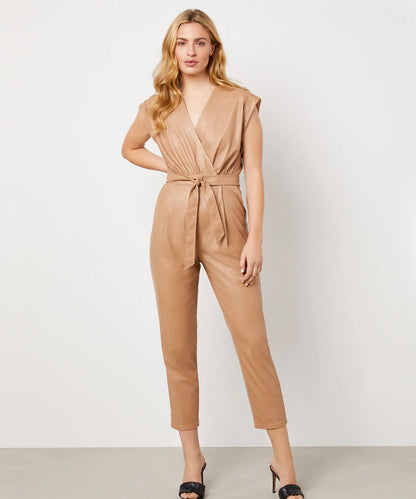 Women's Brown Faux Leather Belted Jumpsuit
