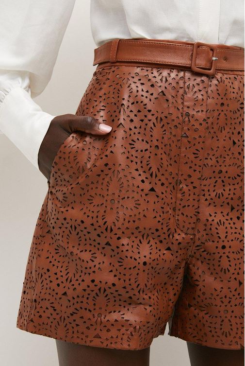 Women's Brown Light Pattern High Waist Leather Shorts