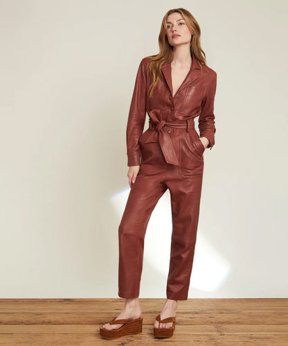 Women's Brown One Piece Belted Leather Jumpsuit