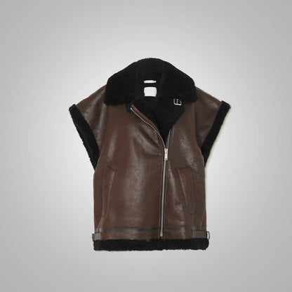 Women's Dark Brown Sheepskin Leather Black Shearling Vest