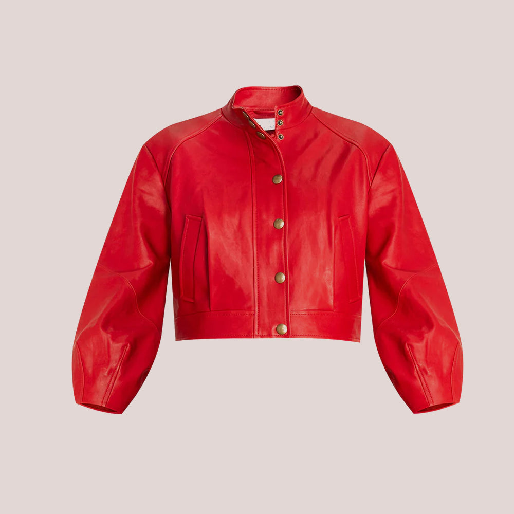 Women's Designer Cropped Red Leather Jacket | Free Shipping