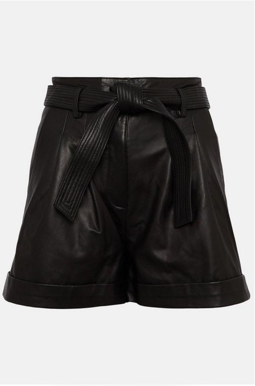 Women's High Waist Black Leather Belted Shorts