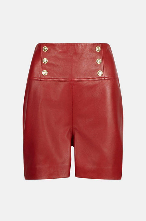 Women's Red High Waist Military Button Leather Shorts