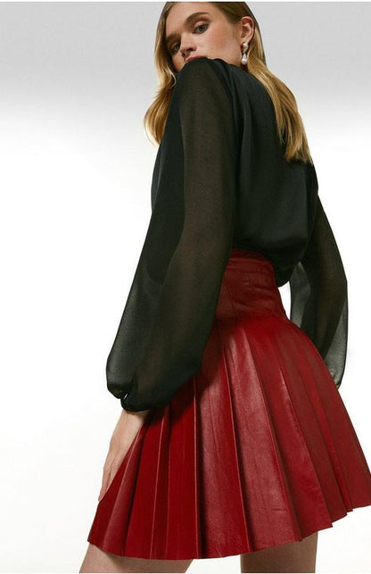 Women's Red Leather Buckle Kilt Skirt