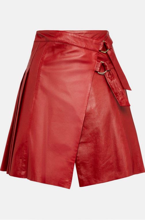 Women's Red Leather Buckle Kilt Skirt