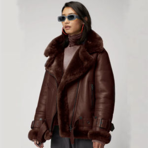 Women Brown Aviator Styled Sheepskin Shearling Leather Jacket