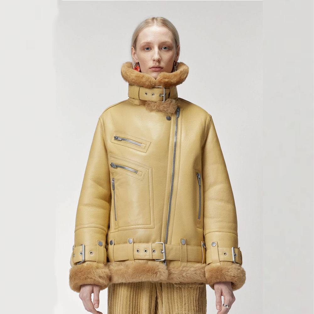 Women Light Brown RAF Aviator  Styled Sheepskin Shearling Leather Jacket