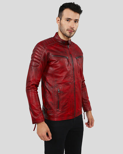 Asher Distressed Red Quilted Racer Leather Jacket