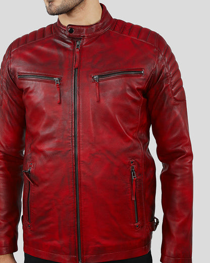 Asher Distressed Red Quilted Racer Leather Jacket