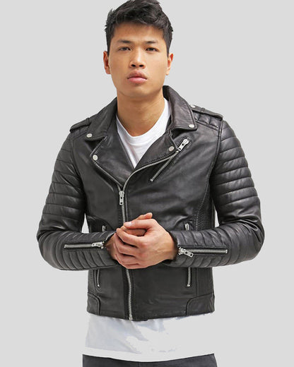 Cain Black Slim Fit Biker Leather Jacket