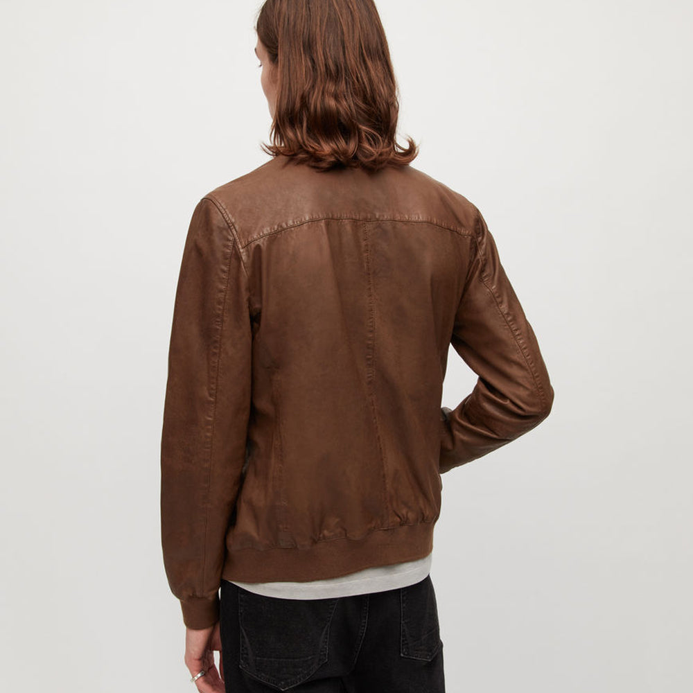 Mens Brown Lambskin Leather Bomber Jacket