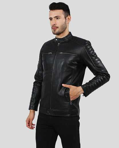 Enzo Black Slim Fit Leather Racer Jacket