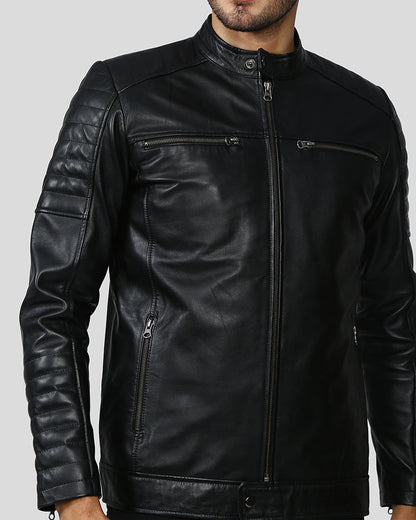 Enzo Black Slim Fit Leather Racer Jacket