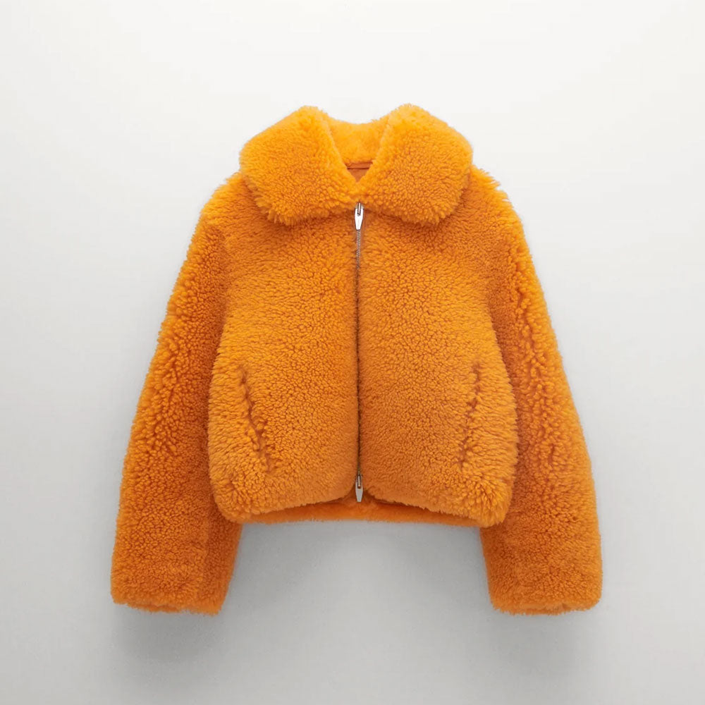 Womens Orange Winter fox Fur Shearling Leather Jacket