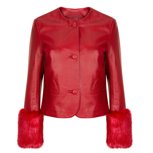 Women's Red Leather biker jacket with Faux Fur
