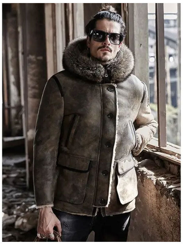 Mens Hooded Shearling Collar Leather Bomber Jacket