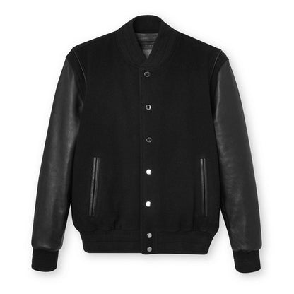 Men Black Varsity Leather Bomber Jacket